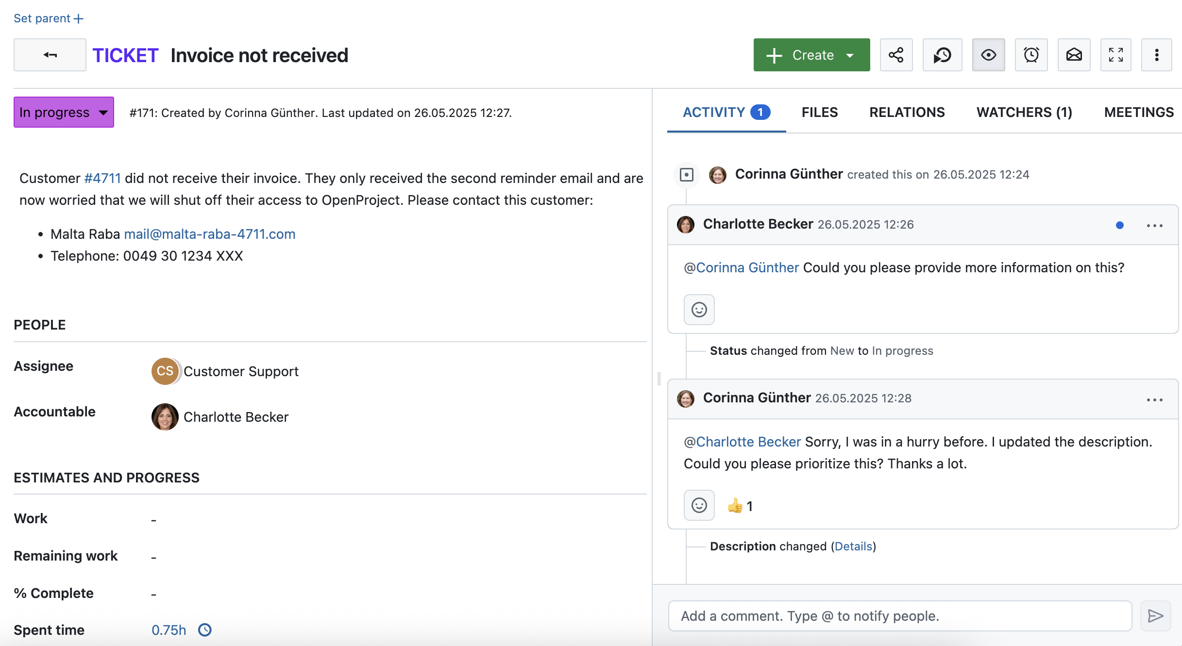 Arbeitspaket-Detailansicht mit Kommentaren von zwei Teammitgliedern
