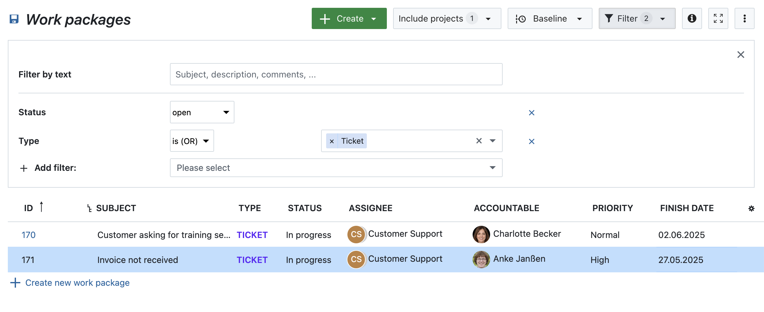 Filter für die Arbeitspaket-Tabelle
