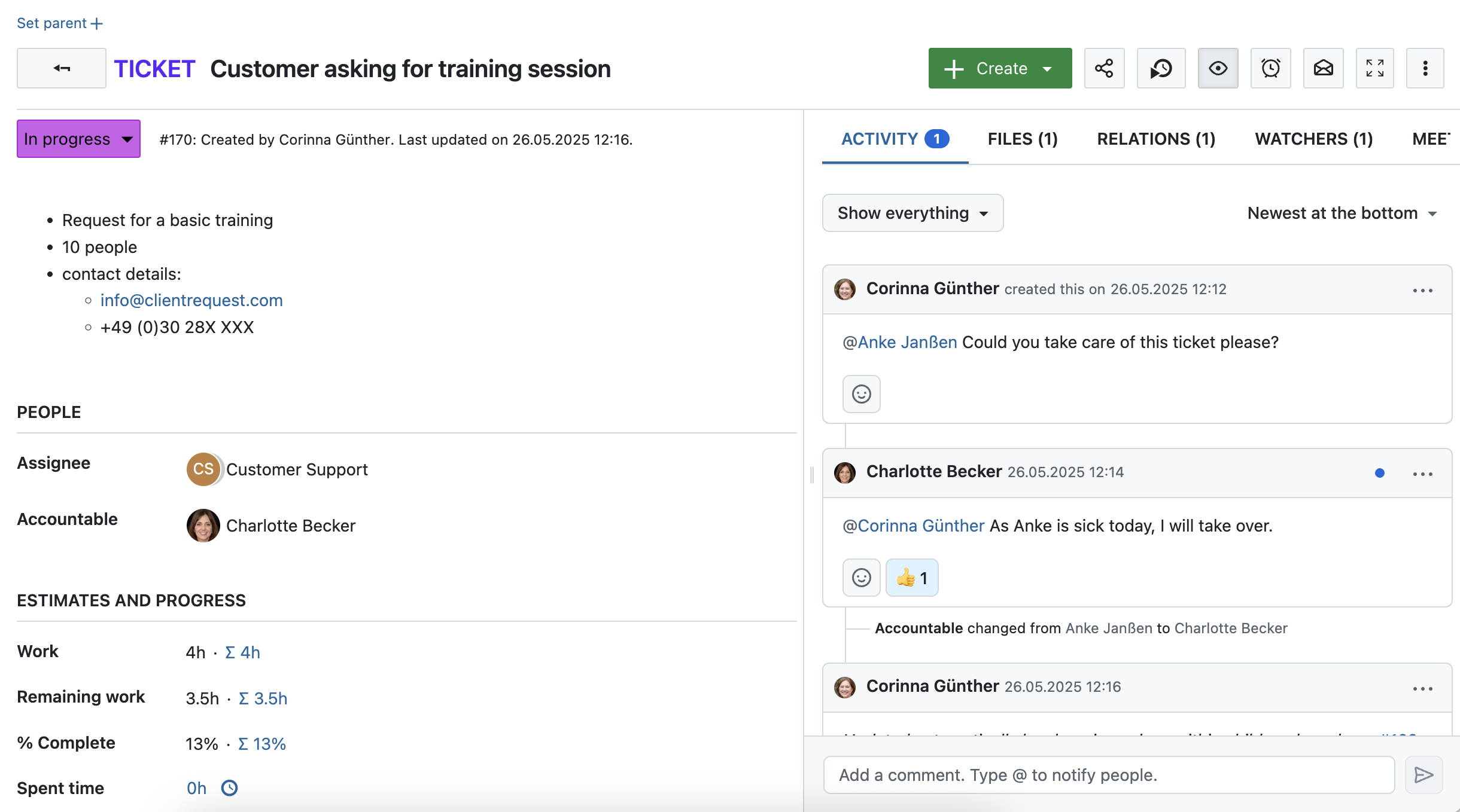 Screenshot eines Arbeitspakets in OpenProject, Typ ‘Ticket’